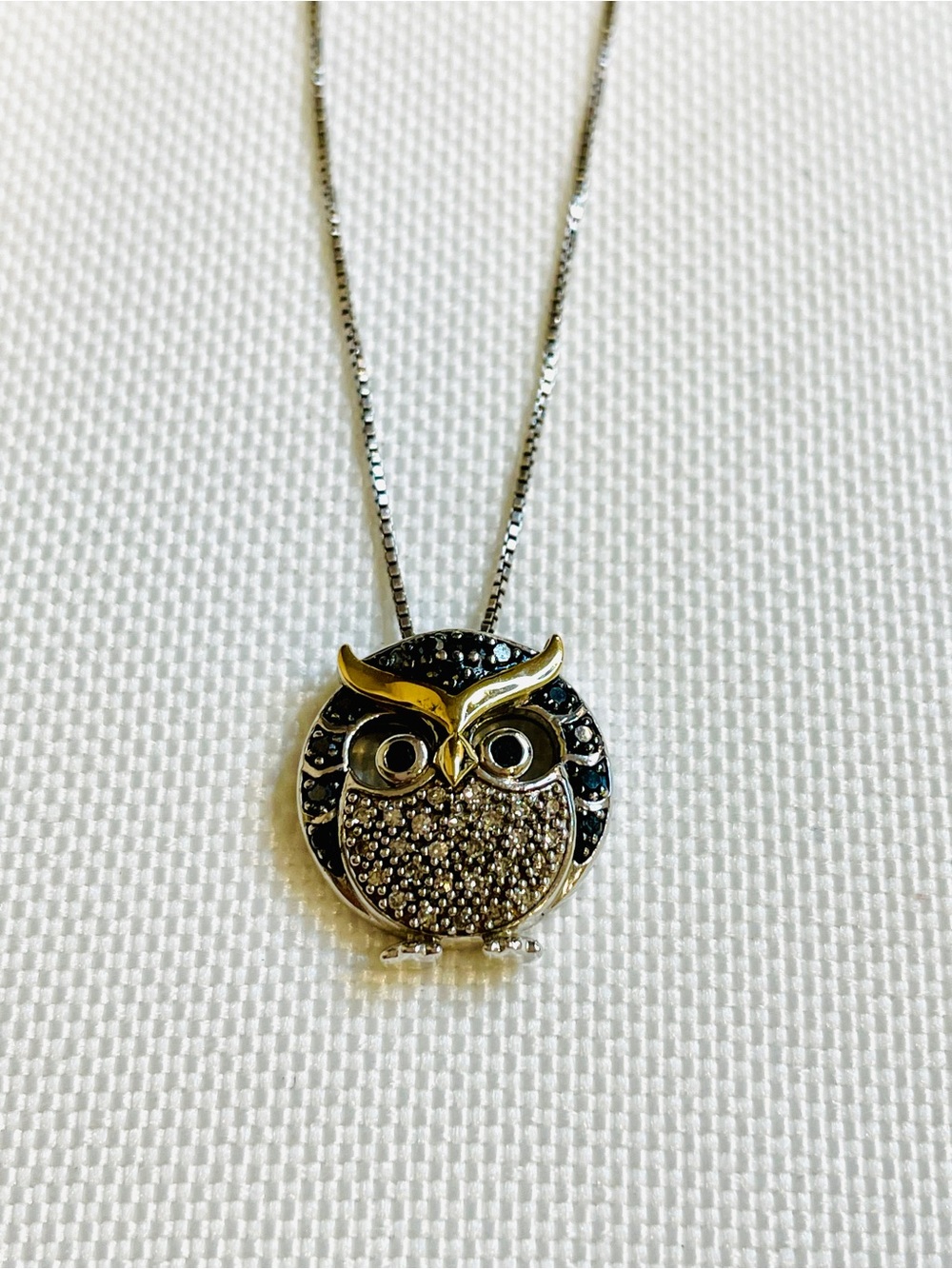 10K Yellow Gold Sterling Silver Black White Diamond Chubby Owl Necklace